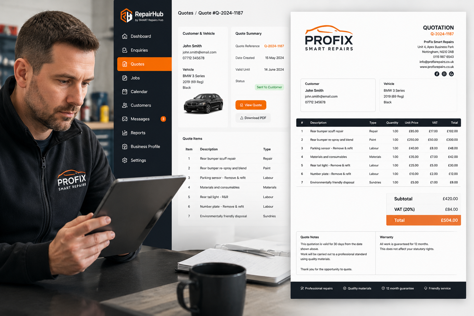 Professional repairer quotation created through RepairHub